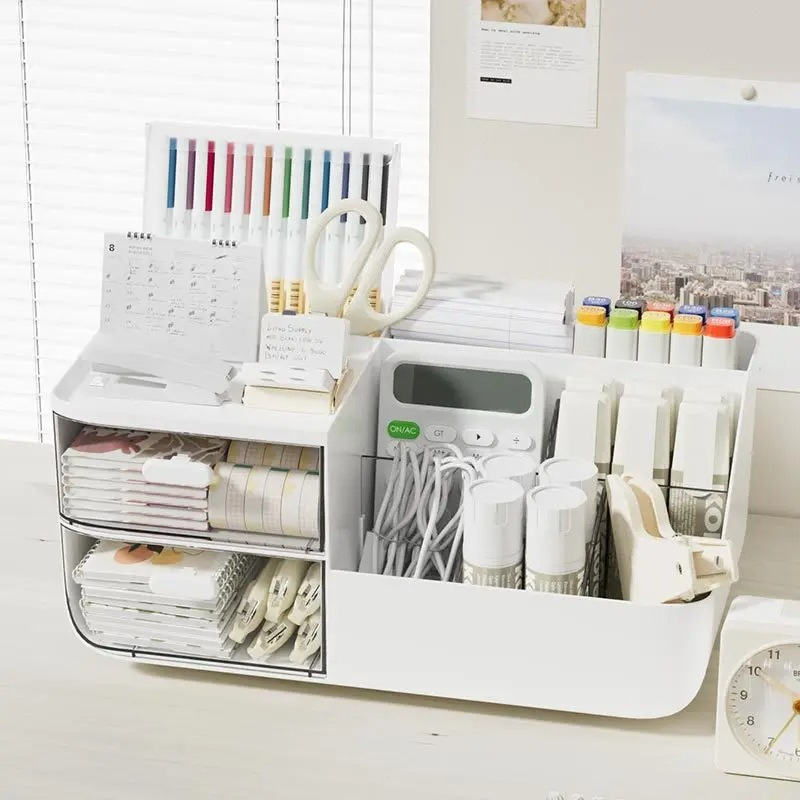 Home Office Desk With Drawers - ออแกไนเซอร์จัดโต๊ะอเนกประสงค์ความจุขนาดใหญ่พร้อมลิ้นชักใส 2 ช่อง, ที่เก็บอุปกรณ์สำนักงานบนโต๊ะทำงาน, ที่ใส่ปากกาสำหรับโรงเรียน