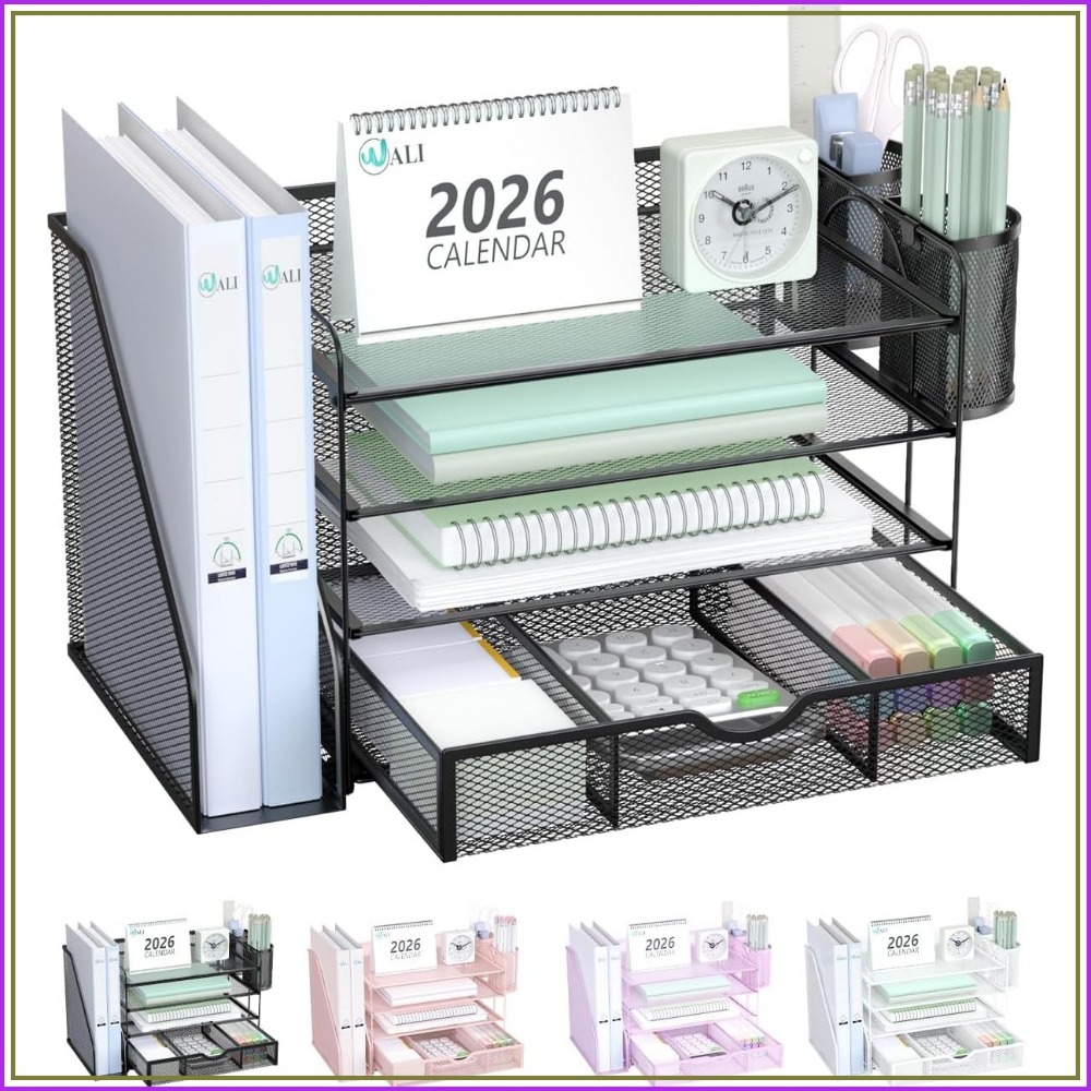 Home Office Desk With Drawers - ที่จัดเก็บเอกสารแบบตั้งโต๊ะ 4 ชั้น พร้อมลิ้นชักและที่ใส่ปากกา อุปกรณ์เสริมสำนักงานสีดำสำหรับบ้านและที่ทำงาน