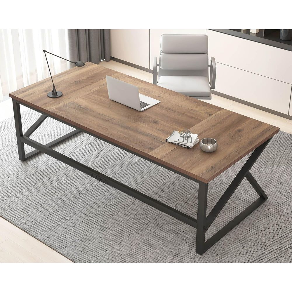 Home Office With Two Desks - โต๊ะทำงานคู่ขนาดยาวพิเศษ 70 นิ้ว สำหรับโฮมออฟฟิศ ทำจากไม้และโลหะสไตล์เรโทร เหมาะสำหรับสองคน