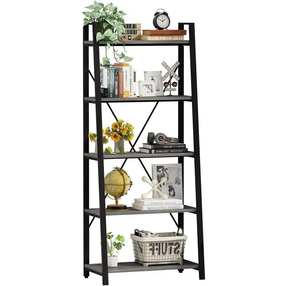 Home Office Industrial Style - ชั้นวางหนังสือแบบ 5 ชั้น สไตล์อินดัสเทรียล ทำจากไม้และโลหะ เหมาะสำหรับห้องนั่งเล่น