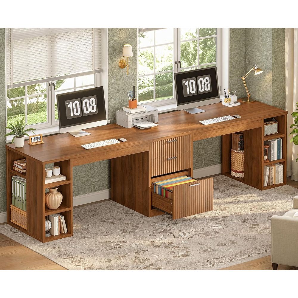 Home Office With Two Desks - 96.5 โต๊ะคอมพิวเตอร์พร้อมโต๊ะทำงาน, โต๊ะทำงานที่บ้านสำหรับ 2 คน, โต๊ะเกมมิ่งแบบคู่พร้อมชั้นวางของ,