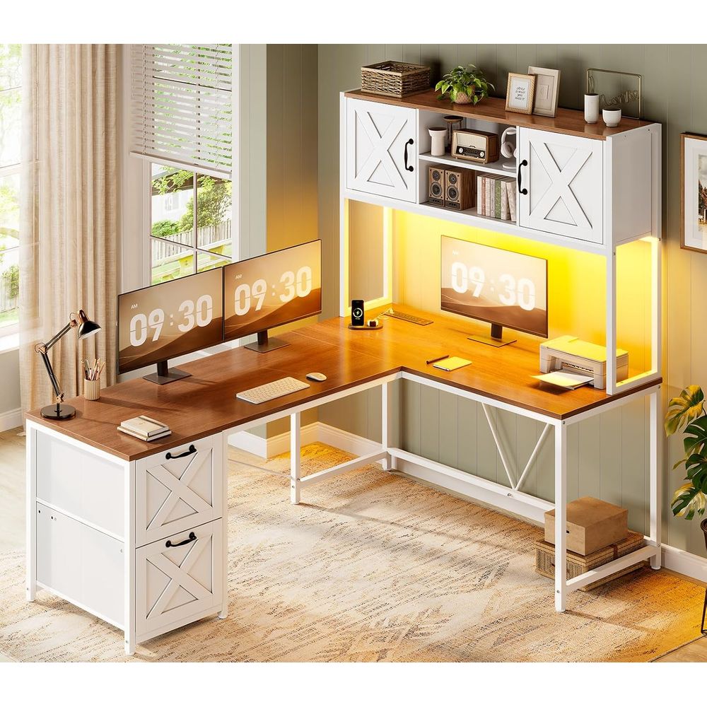 Home Office With Two Desks - โต๊ะทำงานรูปตัว L พร้อมตู้เก็บของ, โต๊ะคอมพิวเตอร์แบบพลิกกลับได้ 86.6 นิ้ว