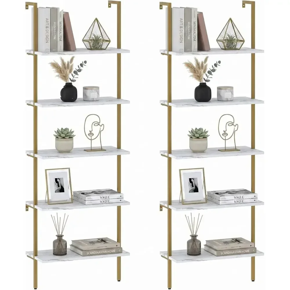 Home Office Industrial Style - ชั้นวางของติดผนัง 5 ชั้น สีขาวลายหินอ่อน - ชั้นวางหนังสือสไตล์อุตสาหกรรมสำหรับจัดระเบียบบ้าน