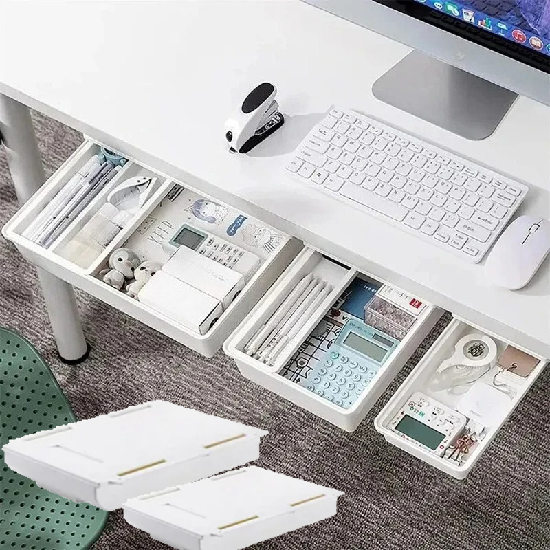 Home Office Desk With Drawers - กล่องเก็บของแบบซ่อนพร้อมกาวในตัว กล่องลิ้นชักเก็บของใต้โต๊ะ ที่เก็บของแบบเลื่อนออกได้ ถาดลิ้นชักสำหรับจัดเก็บของจุกจิกและเครื่องเขียน