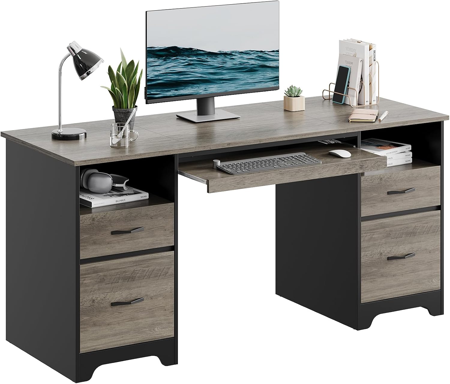 Home Office With Two Desks - โต๊ะคอมพิวเตอร์สำหรับผู้บริหารพร้อมลิ้นชักเก็บของสี่ช่อง ถาดวางคีย์บอร์ดแบบดึงออกได้ ฐานรองสองชั้น โต๊ะทำงานทันสมัยสำหรับใช้ในบ้าน สำนักงาน สตูดิโอ