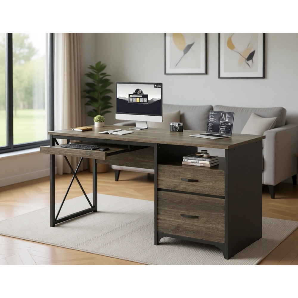 Home Office Industrial Style - โต๊ะทำงานสไตล์อุตสาหกรรมขนาด 55 นิ้ว พร้อมที่เก็บของ โต๊ะไม้สำหรับโฮมออฟฟิศพร้อมถาดวางคีย์บอร์ดและลิ้นชักเก็บเอกสาร สีโอ๊คเทาเข้ม