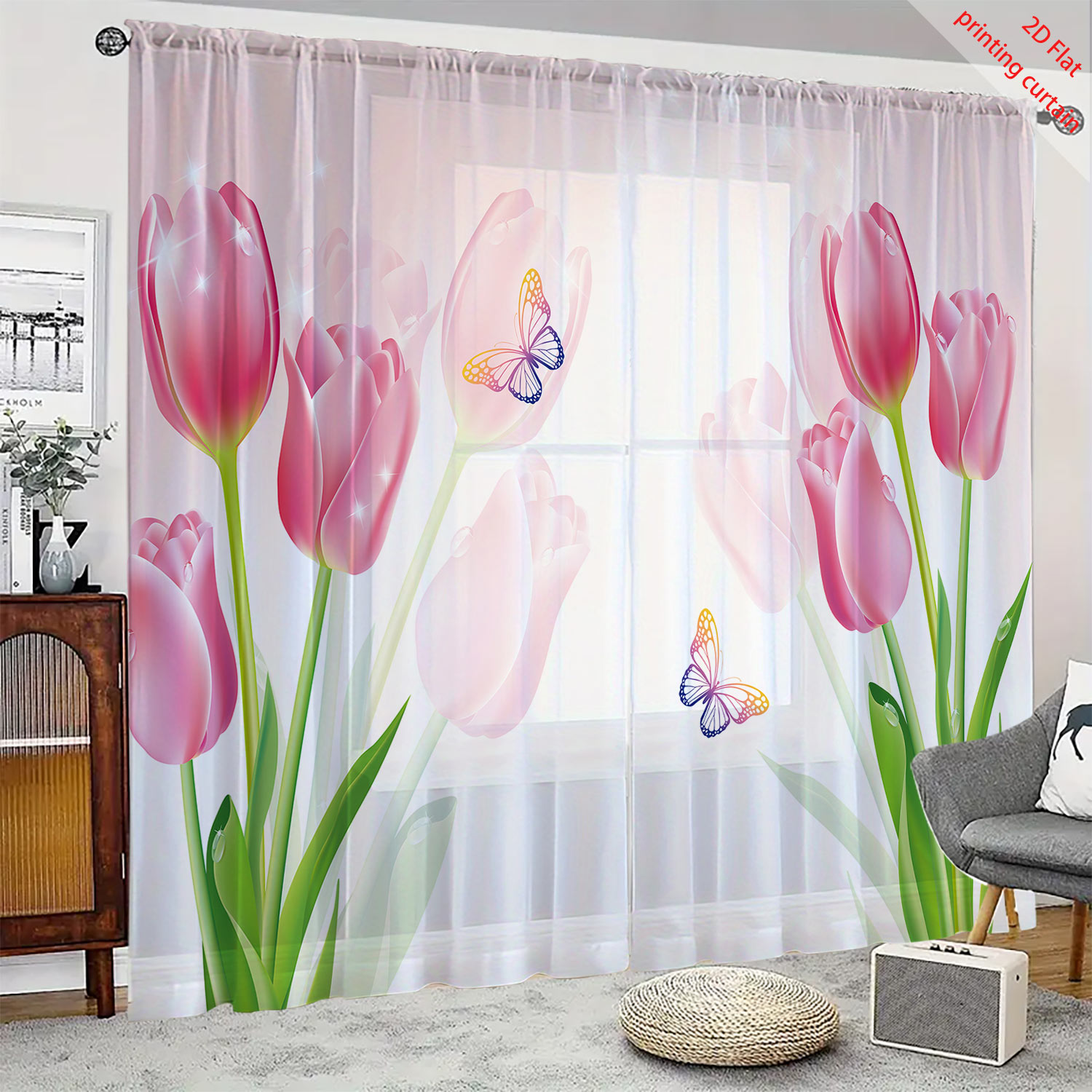 Home Office Windows - ผ้าม่านโปร่งแสงพิมพ์ลายดอกทิวลิปสีชมพู ตกแต่งบ้านอย่างโรแมนติก เหมาะสำหรับห้องนั่งเล่น ห้องนอน ระเบียง หน้าต่าง
