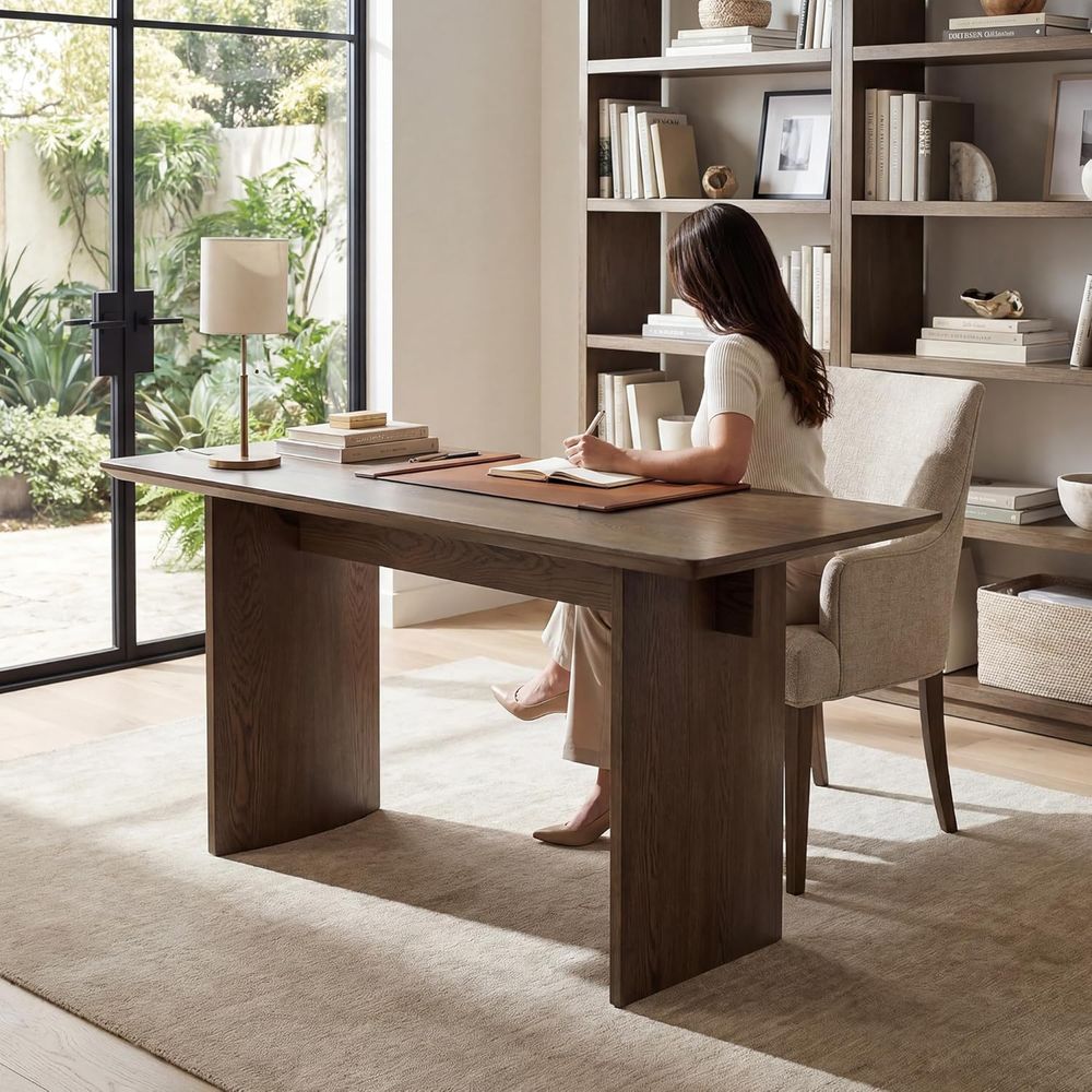 Home Office With Two Desks - โต๊ะทำงานสองขาขนาดใหญ่ 55 นิ้ว สีวอลนัทธรรมชาติ สำหรับโฮมออฟฟิศ การเรียน
