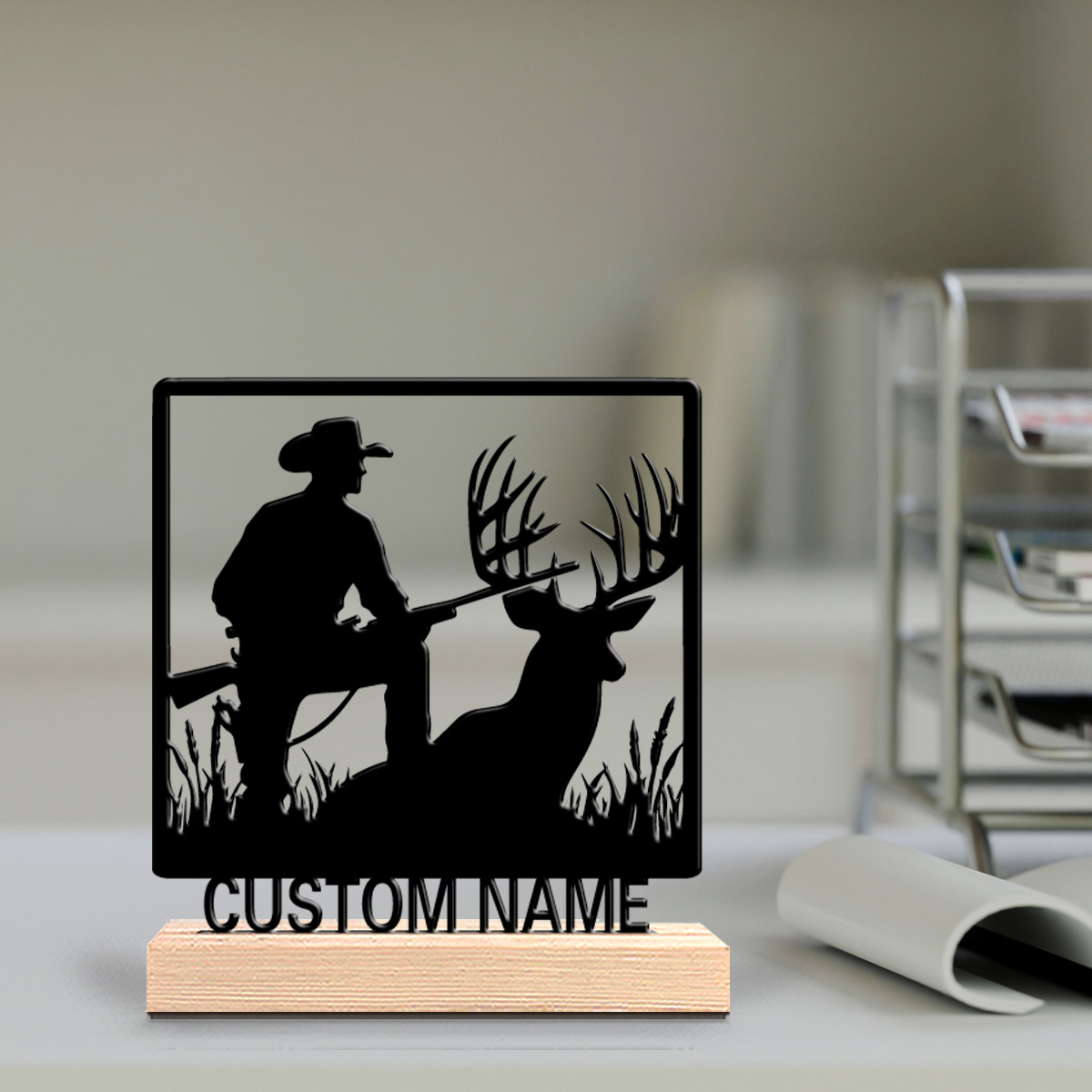 Home Office Industrial Style - รูปปั้นกวางโลหะแบบใหม่ 1 ชิ้น ดีไซน์เฉพาะตัว ฐานไม้ ตกแต่งผนังสำหรับห้องนั่งเล่น