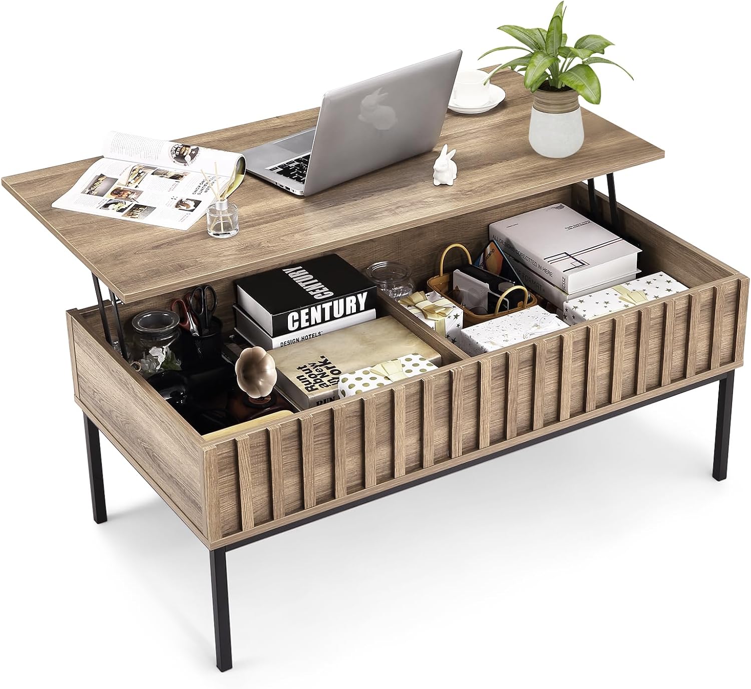 Home Office Industrial Style - โต๊ะกาแฟไม้ยกสูงพร้อมช่องเก็บของซ่อน, โต๊ะกลางสำหรับรับประทานค็อกเทลพร้อมชั้นวางของแบบถอดได้สำหรับโฮมออฟฟิศ, เฟอร์นิเจอร์ห้องนั่งเล่นสไตล์โมเดิร์นอินดัสเทรียลฟาร์มเฮาส์, ไม้สักและสีดำ