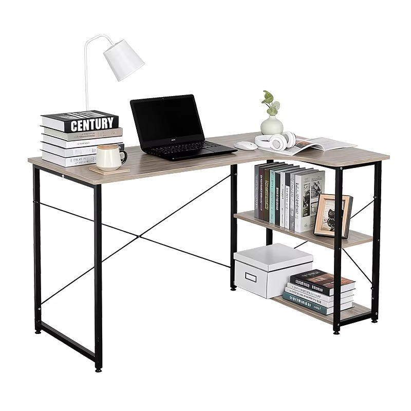 Home Office Desk With Drawers - โต๊ะทำงานรูปตัว L พร้อมชั้นวางหนังสือในตัว ตู้ติดผนัง ช่องเก็บสายไฟ ลิ้นชัก
