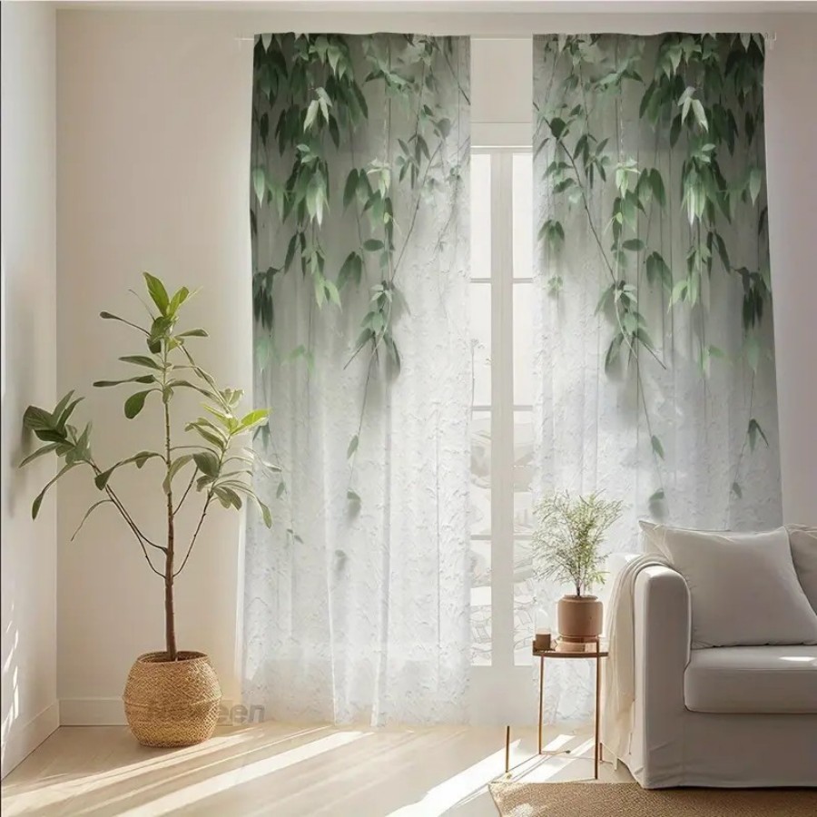 Home Office Minimalist - ม่านโปร่งแสงพิมพ์ลายดิจิทัล 2 ชิ้น ลายใบไม้สีเขียวบนพื้นขาว สไตล์มินิมอล สำหรับตกแต่งหน้าต่างห้องนั่งเล่น