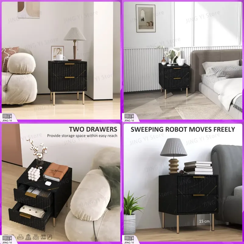 Home Office With Two Desks - โต๊ะข้างเตียงสองลิ้นชักดีไซน์หรู สีดำ โต๊ะข้างเตียงสไตล์โมเดิร์นสำหรับห้องนอน เฟอร์นิเจอร์จัดเก็บของในพื้นที่ขนาดเล็ก โต๊ะทำงานที่บ้าน