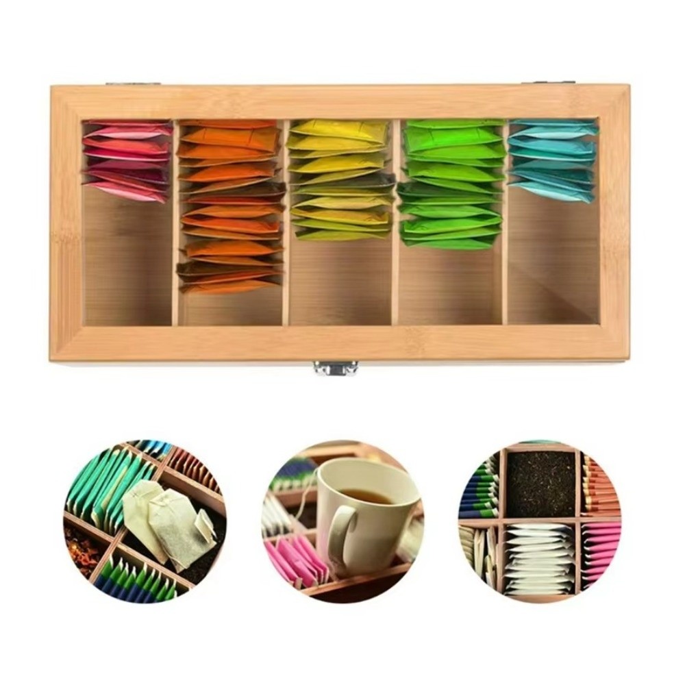 Home Office Bagas - กล่องเก็บถุงชาไม้ไผ่แบบพกพา พร้อม 5 ช่องแยก กล่องใส่ถุงชาอเนกประสงค์ สำหรับเก็บถุงชา