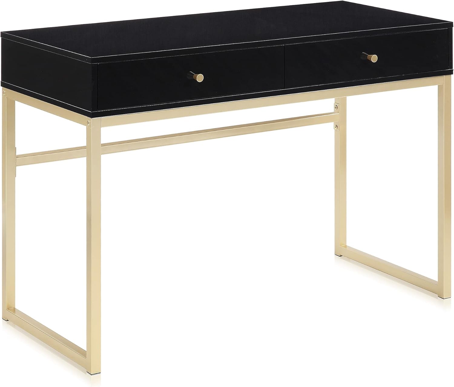 Home Office Desk With Drawers - โต๊ะเครื่องแป้งขนาด 42 นิ้ว หรือโต๊ะทำงานที่บ้านสำหรับห้องนอน ท็อปไม้สีดำพร้อมโครงโลหะสีทอง มีลิ้นชักเก็บของสองช่อง