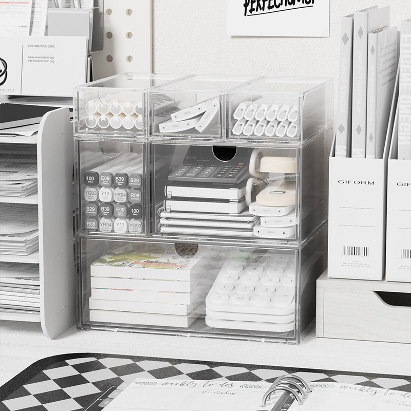 Home Office Desk With Drawers - กล่องอะคริลิคแบบซ้อนได้ กล่องเก็บเครื่องเขียนและเครื่องสำอางแบบลิ้นชัก ป้องกันฝุ่น สำหรับใช้ในบ้าน หอพัก ห้องนอน